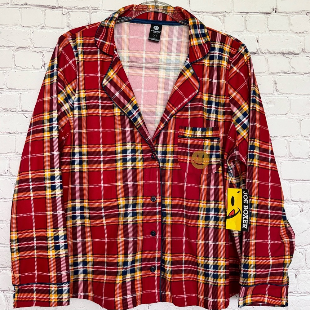 JOE BOXER Smiley Face Button Down Long Sleeve Plaid PJ Top--NWT--2X